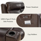 Watson & Whitely Genuine Leather Lay Flat Power Reclining Sofa, Brown | 3-Seater Recliner Couch, Power Headrests, Cup Holders, USB & Type-C Charging Ports, Electric Reclining, Living Room