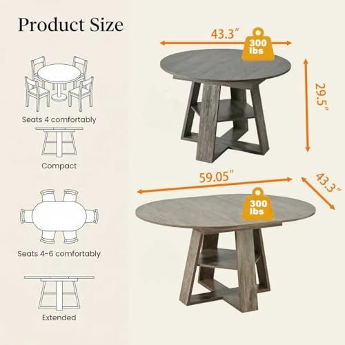 Round Extendable Dining Table Set for 6, 43"-59" Rustic Grey Expandable Kitchen Table with 6 Blue Velvet Tufted Chairs, Farmhouse Wooden Extendable Dining Room Table Set for Small Space Apartment