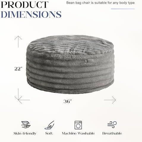 Hobestluk Bean Bag Chair Giant Beanbag Washable LivingRoom 3FT Grey Adult | Memory foam,Ergonomic Design,Breathable Detachable Cover,Removable,Easy Clean,2-Way-Use,No Assembly Required,Bedroom Dorm