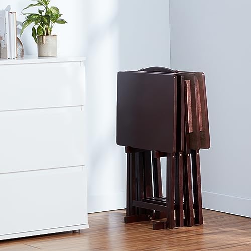 Amazon Basics Portable Foldable TV Tray Table with Storage Rack, Space-Saving Design, Sturdy Wood, 14.6" L x 19" W x 26" H, Espresso, 4-Pack