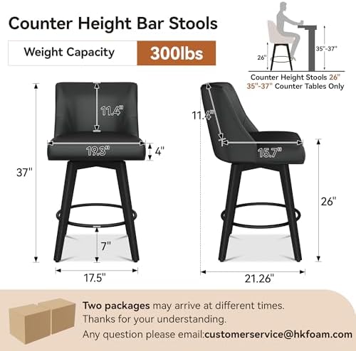 26" Counter Height Swivel Bar Stools, Set of 4, Black Grey | Faux Leather Upholstered Counter Barstools with Backs, Solid Wood Legs for Kitchen Island, Home Bar Chairs