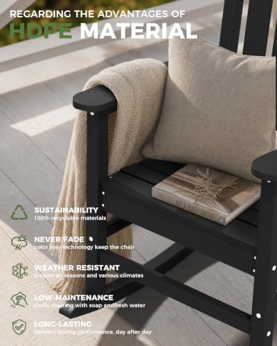 Oversized Outdoor Rocking Chair, High Back Porch Rocker Chair, HDPE All Weather Resistant Rocking Chairs for Patio, 380lbs Weight Capacity, Black