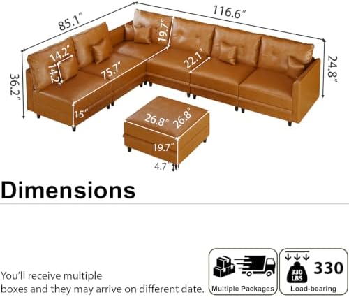 LLappuil 7-Seater L-Shaped Sectional Modular Sofa with Storage, Deep Seat Faux Leather Couches for Living Room, Waterproof & Scratch Resistant, Cognac Tan