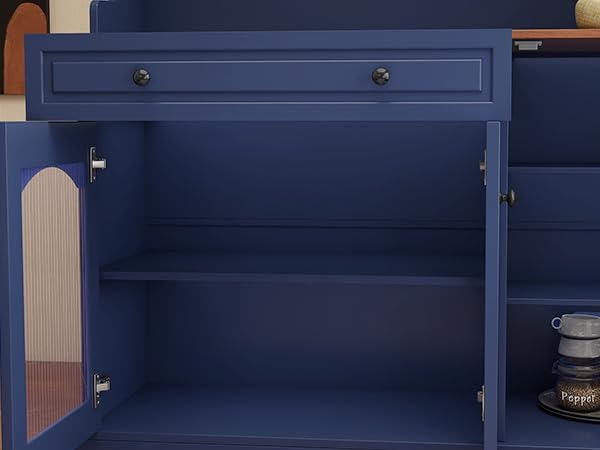 Kitchen Pantry Cabinet with Drawer Storage, 48” Modern Farmhosue Kitchen Hutch with Glass Doors, Blue Storage Cabinet with Countertop and Adjustable Shelves for Dining Room, Living Room