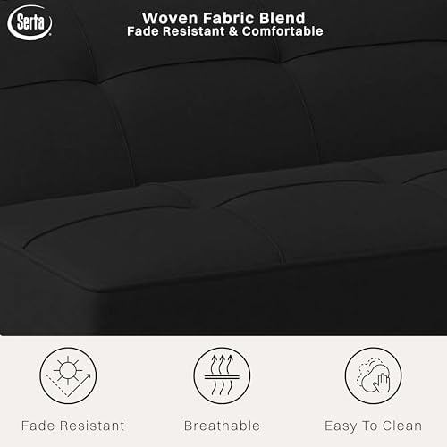 Serta® Rane Futon Sofa Bed 66.1", 3-in-1 Convertible Couch Sleeper for Small Spaces, Tufted Back, Twin Size Guest Bed, Black Woven Fabric