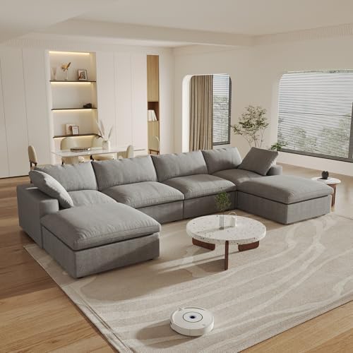 JACH U-Shaped Couches for Living Room, 6-Seats Modular Convertible Sectional Sofa Couch, Couch Cushion Covers Removable, Comfy Sofas with Chaise Ottomans for Apartment Bedroom Office (Grey)