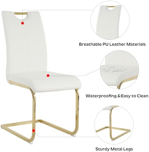 5-Piece Dining Table Set for 4, Modern Rectangular Glass Table with 4 Upholstered Leather Chairs, Space-Saving Dining Room Furniture Table & Chair Sets for Small Spaces & Apartment(White&Gold)