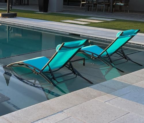 PURPLE LEAF Oversized Pool Chaise Lounge Set Outdoor Chair, Turquoise Blue | Wide Seat, Durable Aluminum Frame, UV Textilene Fades Less, Adjustable Headrest & 5 Recline Angles, S-Curve Backrest with Arm