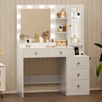 HUANLEGO Vanity Desk with Mirror and Lights, White Makeup Vanity Mirror with Lights Desk with 5 Drawers, Jewelry Organizer& LED Glass Cabinet, 3 Light Mode Dressing Table Set for Girls, Women