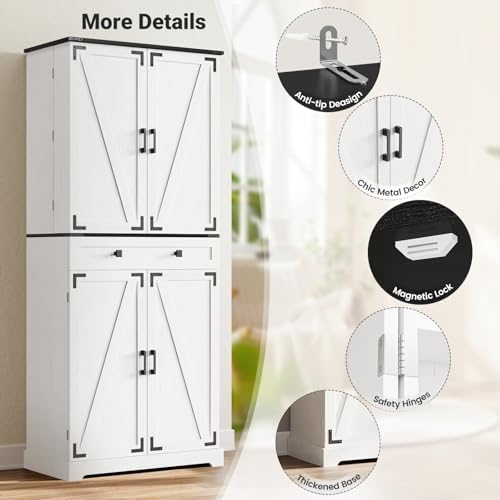 ELYKEN 72" Kitchen Pantry Storage Cabinet with Drawer, 3 Pull Out Shelves | 8 Door Shelves, Tall Pantry Cabinet Organizer, Farmhouse Kitchen Hutch, Pantry Storage Shelves, Dining Room, White
