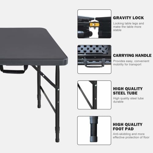 GlowSol Folding Table 4FT, Heavy Duty Portable Plastic Folding Table with Handle, Anti-Slip Feet, Waterproof, Easy to Clean, 300LBS Capacity, Foldable for Indoor Outdoor Use, Black
