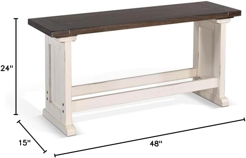 Pemberly Row Farmhouse Solid Wood Dining Bench in Brown/White, Rustic Wood Construction, Sturdy and Durable, Kitchen or Dining Seating, Farmhouse Style, Comfortable and Stylish