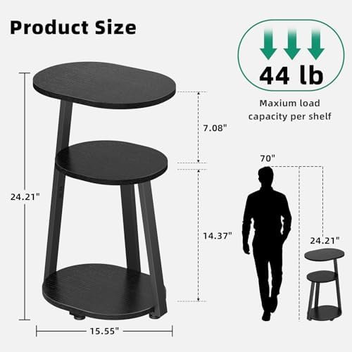 Kalrin Side Table, Small End Table with Metal Frame, 3-Tier Bedside Tables, Round Side Tables for Living Room Bedroom Couch Bathroom, Oval, Pure Black