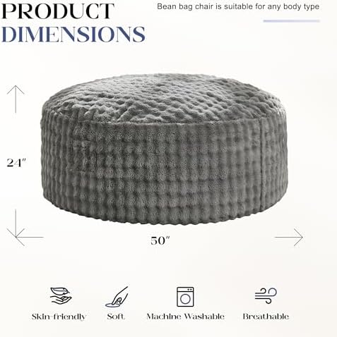 Hobestluk Adults Bean Bag Chair 5FT Big BeanBag Chair Giant Large Oversized | Memory Foam,Washable Cover,Unique Fluffy Bubble,Comfy Big BeanBag with Filling Lounging Gaming Bedroom Living Room | Grey 5FT