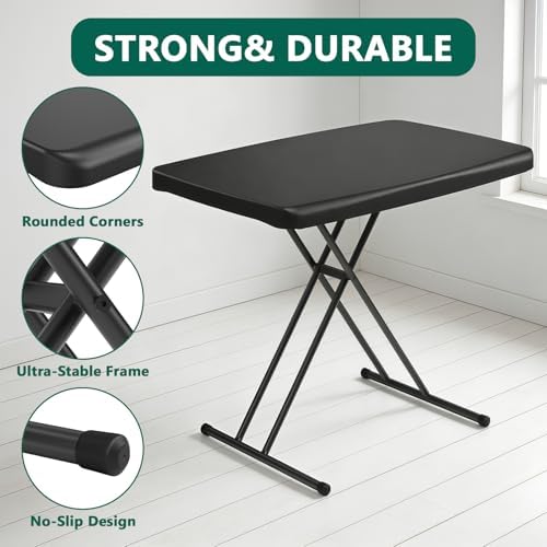 30 Inch Folding Table, Adjustable Height TV Tray for Small Spaces, Heavy Duty Foldable Utility Table for Laptop, Dining, Camping, No Assembly, 200 lbs Capacity, Black Granite