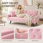 Anwick Modern Velvet 2 in 1 Futon Sofa Bed,Convertible Folding Sleeper Bed Couches with 2 Pillows,73" Tufted Recliner Love Seat with Golden Chrome Legs for Living Room Apartment Office (Pink)