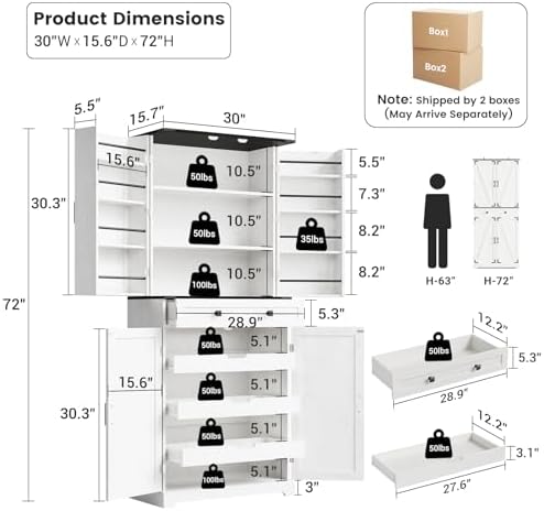 ELYKEN 72" Kitchen Pantry Storage Cabinet with Drawer, 3 Pull Out Shelves | 8 Door Shelves, Tall Pantry Cabinet Organizer, Farmhouse Kitchen Hutch, Pantry Storage Shelves, Dining Room, White