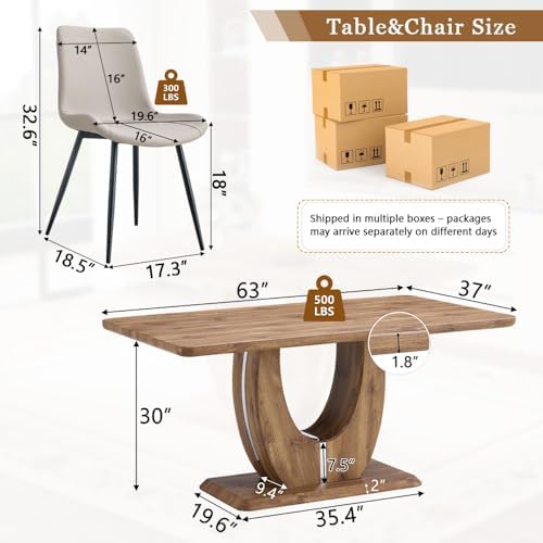 Modern Dining Table Set for 6, 63" Wood Kitchen Table with 6 PU Leather Upholstered Chairs, Farmhouse Style with 1.8" Thick Top and U-Shape Legs, 7 Piece Dining Room Set for Apartment or Kitchen