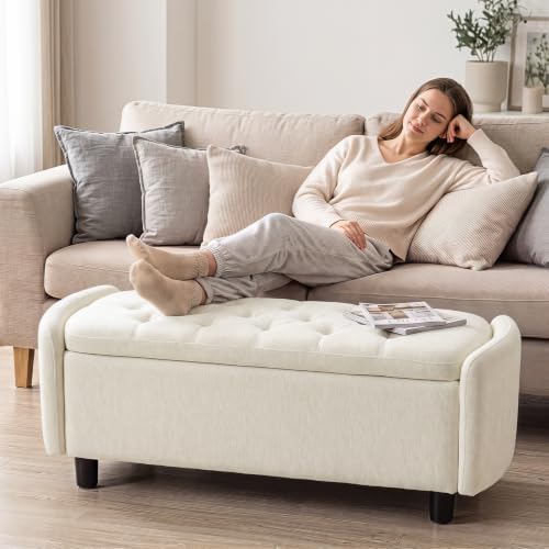 Furniliving 46.5‘’ Chenille Storage Bench, Button-Tufted Upholstered Storage Ottoman Bench with Safety Hinge, End of Bed Bench for Bedroom Entryway Living Room, Beige