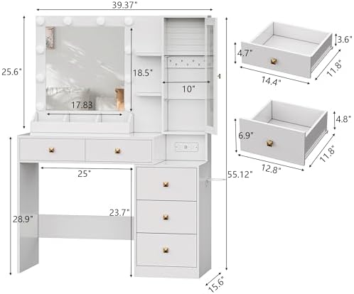 HUANLEGO Vanity Desk with Mirror and Lights, White Makeup Vanity Mirror with Lights Desk with 5 Drawers, Jewelry Organizer& LED Glass Cabinet, 3 Light Mode Dressing Table Set for Girls, Women