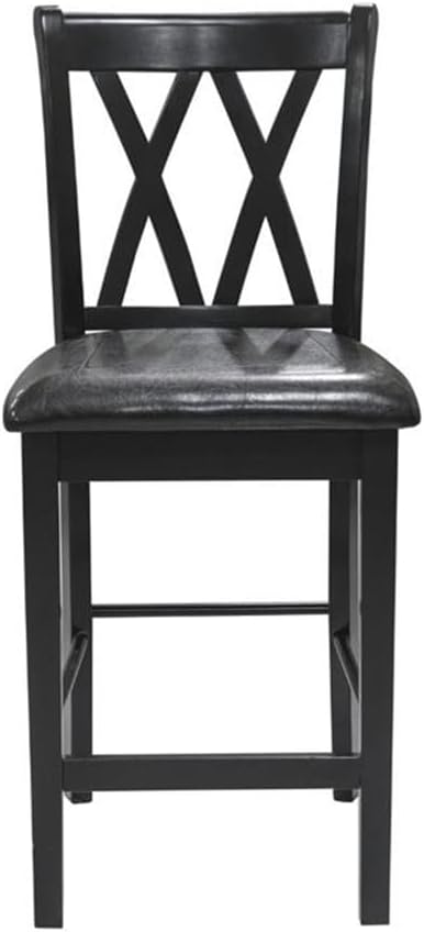 MAKLAINE 5 Piece Solid Wood Counter Height Dining Set, Black Finish, Table with 2 Shelves and 4 X-Back Chairs, Faux Leather Seat Upholstery, 39.5 in Table for Kitchen or Dining Room