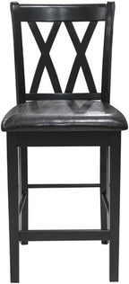 MAKLAINE 5 Piece Solid Wood Counter Height Dining Set, Black Finish, Table with 2 Shelves and 4 X-Back Chairs, Faux Leather Seat Upholstery, 39.5 in Table for Kitchen or Dining Room