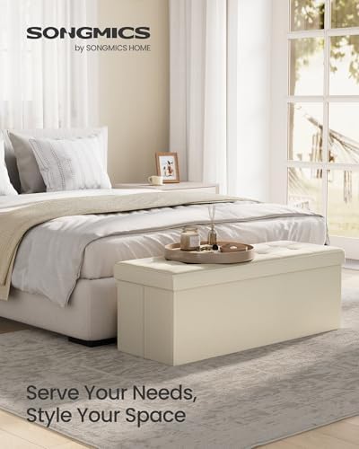 SONGMICS 43.3 Inches Folding Storage Ottoman Bench, Load 660 lb | Ottoman Foot Rest, Storage Chest, for Living Room, Entryway, Cream White and Ink Black, MINOTA Collection ULSF77BE