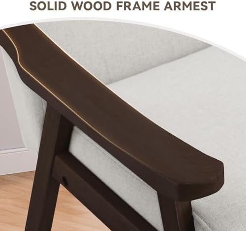 COMHOMA Accent Chair, Mid Century Modern Chair with Solid Wood Armrest, Comfy Upholstered Reading Armchair for Living Room, Bedroom, Balcony (Brown Curved Armrests, Beige)