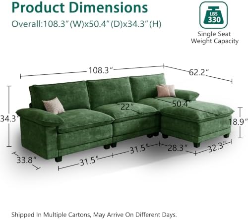 108" Modular Sectional Couch, L Shaped Cloud Sofa for Living Room | Comfortable Foam Cushions, Sturdy Frame, Appealing Appearance, Easy Assembly, Soft Chenille, Modular Design, Green