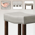 CHUN YI Bar Stools Set of 2, 24 Inch Counter Height Saddle Stools with Nailhead Trim, Backless Upholstered Barstools for Kitchen Island with Wooden Legs, Light Grey, 2 Pack