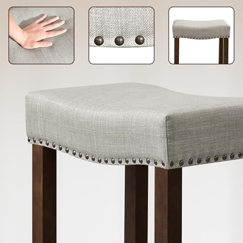 CHUN YI Bar Stools Set of 2, 24 Inch Counter Height Saddle Stools with Nailhead Trim, Backless Upholstered Barstools for Kitchen Island with Wooden Legs, Light Grey, 2 Pack