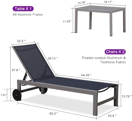 PURPLE LEAF Patio Lounge Chair Set for 2, All Weather Aluminum, Navy Blue | Powder-coated aluminum holds 270 lbs, quick-dry Textilene mesh, 5-position flat recline, smooth wheels, included side table