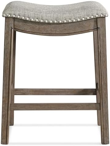 ROME + OAK Parker 26-Inch Backless Counter Stool, Backless Saddle Kitchen Stool in Walnut Finish with Grey Fabric Upholstery Cushion Seat