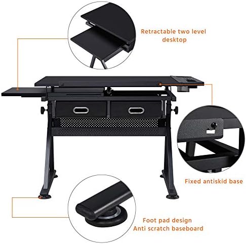 Yaheetech Adjustable Drafting Table Art Desk,Storage Drawers & Stool,Black | MDF tabletop tilts 0-60° on a metal frame for drawing, crafts, and homework, with two supply drawers and a matching stool.