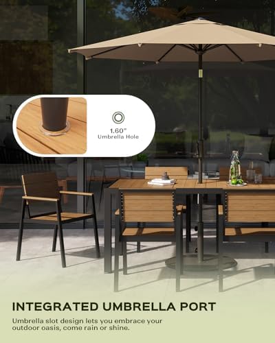 Vexwalx 7-Piece Outdoor Dining Set, Aluminum Dining Table Set for 6, Patio Table and Chairs Set with Umbrella Hole, All Weather HDPS Outdoor Table and Chairs for 6 (Gray-Teak)