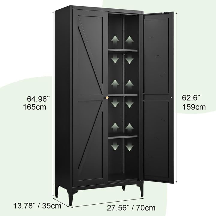 65"H Kitchen Pantry Storage Cabinets with 2 Doors and 3 Adjustable Shelves, Tall Metal Storage Cabinet with Adjustable Feet, White Cupboard for Kitchen, Dining Room, Living Room and Bathroom