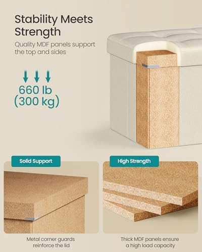 SONGMICS 43.3 Inches Folding Storage Ottoman Bench, Load 660 lb | Ottoman Foot Rest, Storage Chest, for Living Room, Entryway, Cream White and Ink Black, MINOTA Collection ULSF77BE