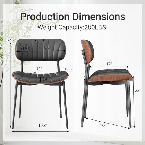 Modern Dining Chairs Set of 2,Upholstered PU Leather Kitchen Chairs,Black | Mid Century Walnut Bentwood Back and Metal Legs for Kitchen Dining Room Living Room