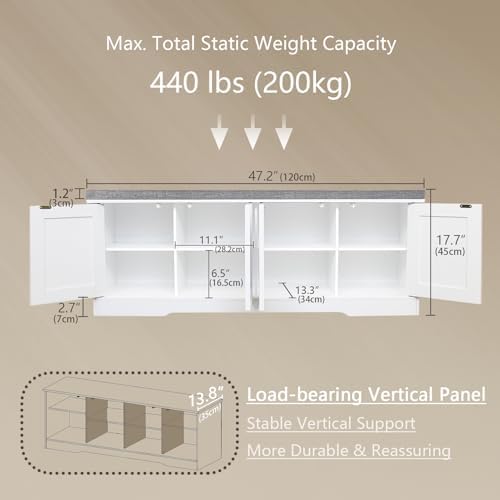 DINZI LVJ Shoe Storage Bench with Cushion, Door, White 47.2" LX17.7 H | Entryway Bench, 2-Tier Cabinet Bench, Widened Cubby, Fully Adjustable Shelves for Boots, Easy Assembly, Farmhouse, Bedroom
