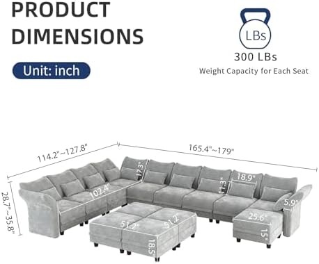 LLappuil Chenille Sectional Sofa Large U Shaped Modular Sofa with Storage Ottoman, 14 Piece Sectioanl Couches for Living Room, Adjustable Arms, Grey