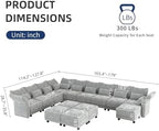 LLappuil Chenille Sectional Sofa Large U Shaped Modular Sofa with Storage Ottoman, 14 Piece Sectioanl Couches for Living Room, Adjustable Arms, Grey