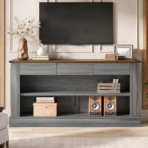Miereirl 63" Console Table with Drawers & LED Light, Brown & Dark Grey