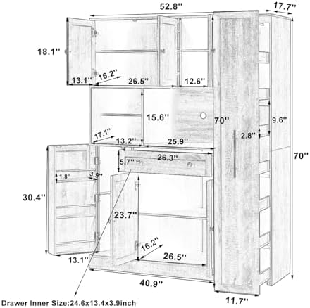Kitchen Pantry Cabinet, Buffet with Pull-Out Side Cabinet | 7-tier pull-out side cabinet with wheels, easy access for spices, oils, baking supplies, and daily kitchen essentials