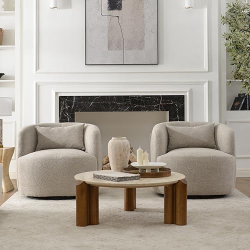 KINWELL 34" W Boucle Swivel Barrel Chairs with Pillow Set of 2, Taupe | No Assembly Round Sherpa Upholstered Armchairs Accent Chairs Single Sofa Chairs with Toss Pillow for Living Room and Bedroom