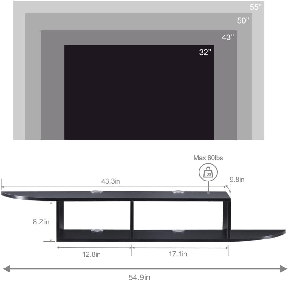 GHC Floating TV Stand, Wall Mounted Entertainment Center and Cabinet Shelf, TV Console with Storage, Media Console for DVD Player, Space-Saving Under TV Shelf for Bedroom, Living Room (Black)
