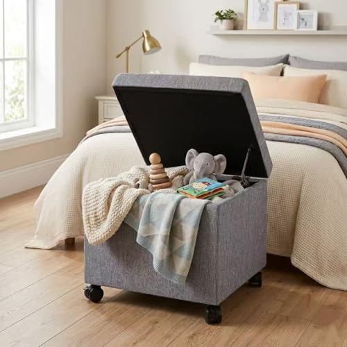 Homebeez 18" Square Storage Ottoman with Wheels, Tufted Linen Cube | Rolling Ottoman with Storage, Coffee Table Ottoman for Couch, Modern Footrest for Living Room Bedroom, Grey