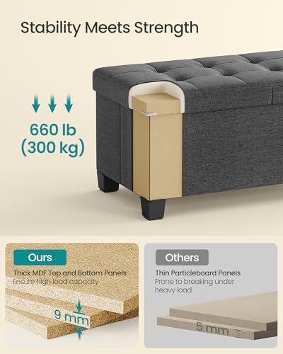 SONGMICS Storage Ottoman Bench with Legs, Folding Ottoman Foot Rest with Flipping Lid, Bench with Storage, for Living Room, Bedroom, Entryway, Linen-Look Fabric, 43.3 Inches, Slate Gray ULSF079GN01
