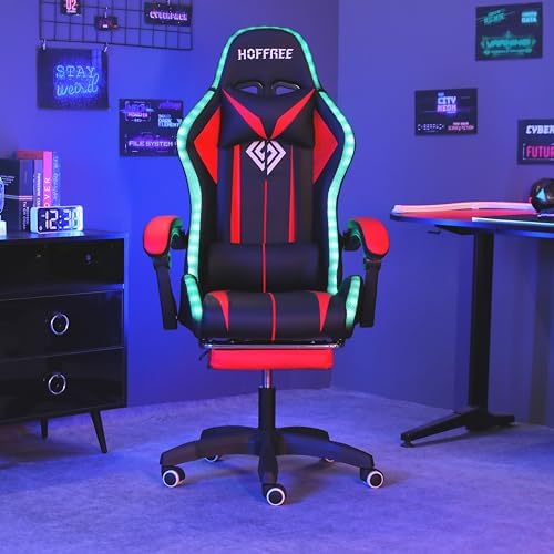 HOFFREE RGB Gaming Chair with Speakers Massage LED Lights Game Chair-Red | Bluetooth Computer Gaming Chair with Footrest Video Game Chair for Adults Ergonomic High Back Gamer Chair with Lumbar Support