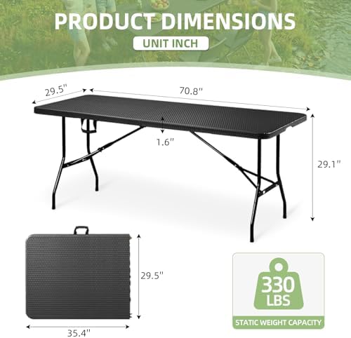 6FT Folding Table Portable Picnic Table Heavy-Duty Fold-in-Half Utility 6 Foot Foldtable Table with Carry Handle for Outdoor Indoor Party, Dining, Wedding, Camping, Black Ratten