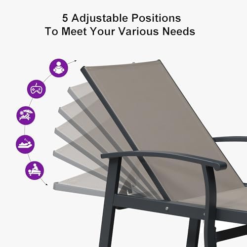 PURPLE LEAF Outdoor Chaise Lounge Chairs Set of 2 Aluminum Frame, Taupe | Textilene quick dry & durable, Powder coat for anti-rust, Armrests added comfort, Built-in Side Table, 5 Adjustable position